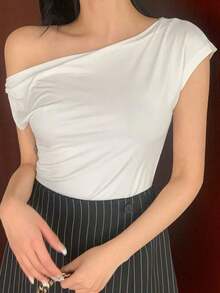 Camiseta de manga corta ajustada con cuello asimétrico y fruncido, de unicolor, para salir, para mujer de verano - Blanco 3 - Ver 3