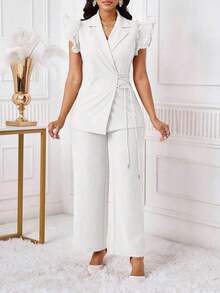 Conjunto de traje de mujer con blazer de manga con volantes rosa y pantalones elásticos de cintura alta para otoño/invierno - Blanco - Ver 3
