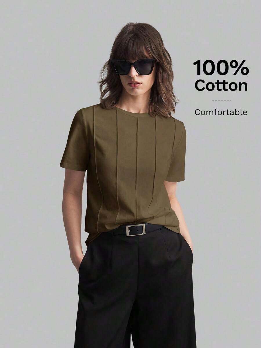 2026 Primavera/Verano Camiseta casual de mujer de manga corta con diseño de rayas de unicolor y cuello redondo, adecuada para el estilo casual urbano, la moda minimalista, el transporte urbano, la sencillez elegante, el Día del Maestro, la tela de p - Marrón - Ver 1