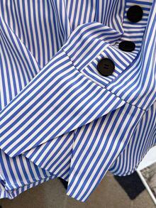 Camisa de manga larga con cuello alto a rayas para mujer de talla grande, adecuada para ir a trabajar, salidas, vacaciones, tops de primavera/verano - Azul - Ver 4