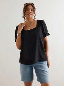Blusa de manga corta con cuello cuadrado y parches de encaje de talla grande, blusa de manga abullonada - Marrón - Ver 5