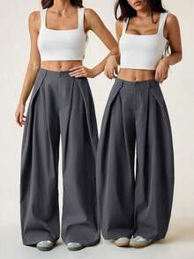 Pantalones anchos de verano con dobladillo curvo verde, estilo vintage, casual y para salir - Gris Oscuro - Ver 5