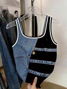 Camiseta de tirantes ajustada con estampado de denim para mujer de talla grande - Multicolor 5 - Ver 4