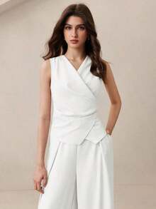 Nuevo conjunto de chaleco plisado en la cintura y pantalones de pierna ancha para mujer, primavera/verano.Elegante atuendo urbano para ir al trabajo. - Blanco - Ver 8