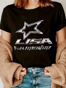 Camiseta unisex de manga corta de algodón puro, 1 pieza, con estampado del diseño de la reunión de fans de LISAStarObject, camiseta de manga corta para mujer, adecuada para uso diario, regalo perfecto para vacaciones, regalo de cumpleaños, moderna y versátil.  women, camisetas de mujer, tops de mujer, ropa de verano de mujer,  de mujer, top de fiesta de mujer, atuendo de festival de mujer, y2k de mujer - Negro - Ver 1