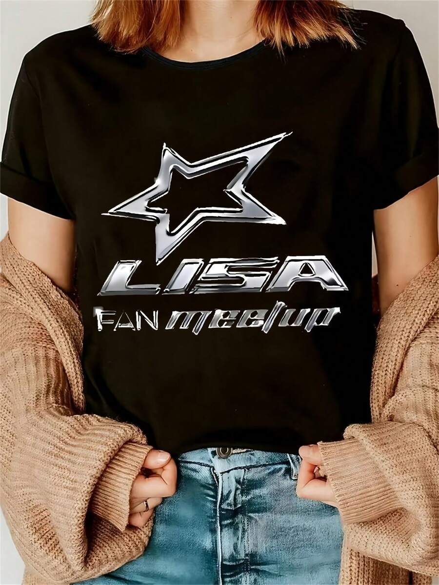 Camiseta unisex de manga corta de algodón puro, 1 pieza, con estampado del diseño de la reunión de fans de LISAStarObject, camiseta de manga corta para mujer, adecuada para uso diario, regalo perfecto para vacaciones, regalo de cumpleaños, moderna y versátil. women, camisetas de mujer, tops de mujer, ropa de verano de mujer, de mujer, top de fiesta de mujer, atuendo de festival de mujer, y2k de mujer - Negro - Ver 1