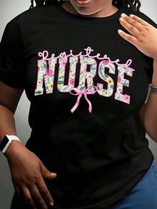 Women's Cotton T-Shirts, Registered Nurse Floral Design T-Shirt For Nurses, Professional Gift, Occupational Clothing, Women's Fashion Top, Basic Women's Blouses - 黑色 - 查看 2