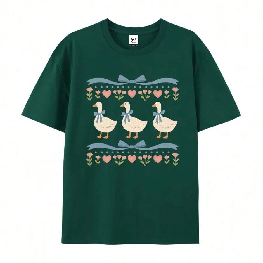 Camiseta de manga corta con estampado casual para mujer - Bonito y divertido estampado de un pato con un lazo, camiseta negra de algodón puro con cuello redondo, lavable a máquina, transpirable y con un ligero estiramiento. - Verde Oscuro - Ver 1