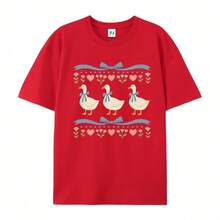 Camiseta de manga corta con estampado casual para mujer - Bonito y divertido estampado de un pato con un lazo, camiseta negra de algodón puro con cuello redondo, lavable a máquina, transpirable y con un ligero estiramiento. - Rojo - Ver 4