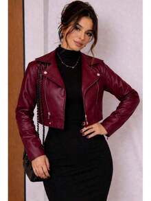 Women's Cropped Jacket With Zipper, Casual, Elegant, Faux Leather. - 酒紅色 - 查看 2