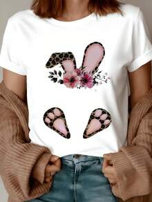 Orejas de conejo con estampado animal y flores rosadas que simbolizan ternura energía y alegría en ropa casual moderna camiseta de mujer blanca cómoda y ligera - Blanco - Ver 8