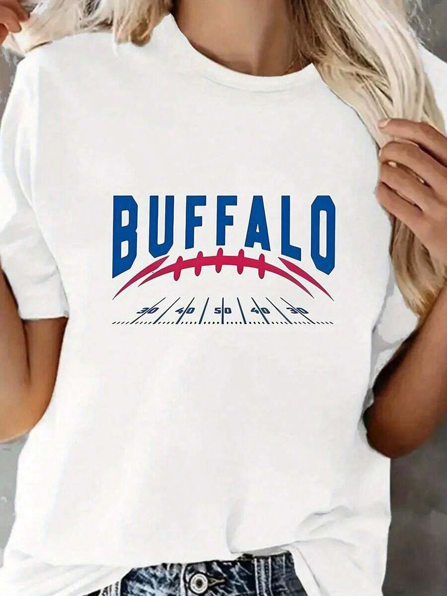 Camiseta Casual para Mujer con Estampado de Búfalos - Estampado Deportivo de Fútbol, Tejido de Elasticidad Media, Cuello Redondo, Lavable a Máquina, Ajuste Cómodo para Todas las Temporadas, Jersey de Búfalos, Camiseta con Estampado Deportivo, Material No Transparente, 100% Algodón, Duradera - Blanco - Ver 1