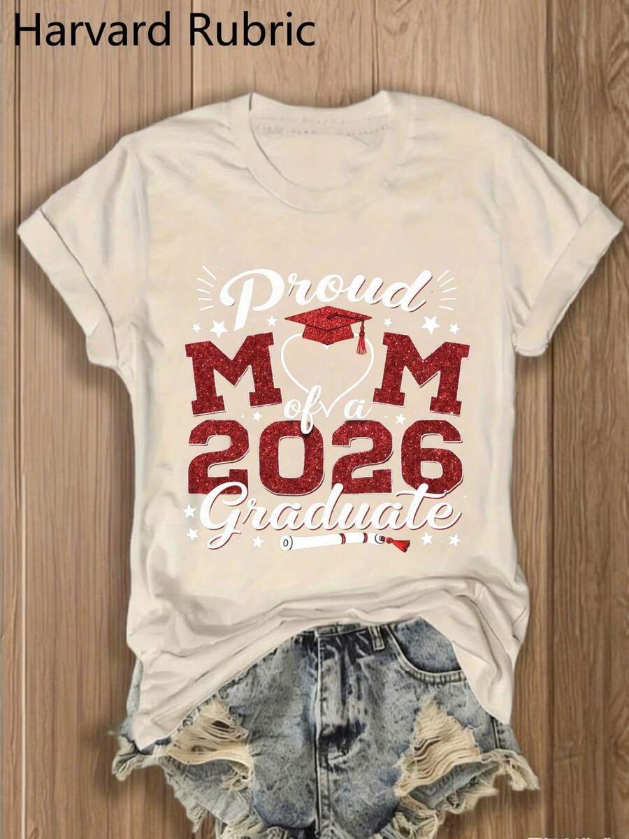 "Proud Mom Of A Class Of 2026 Graduate" T-Shirt - 1 Piece, 100% Multicolor, Crew Neck, Y2K Fashion, Vintage, Breathable, Streetwear, Casual, Versatile, Summer Essential - Gift For Family Reunions, Women's College Graduation T-Shirt - 杏色 - 查看 1