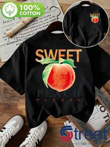 Camiseta estampada de alta gama para mujer, estampado de melocotón dulce, vibrante y juvenil, para uso diario/veraniego, estampado a doble cara en la parte delantera y trasera, diseño sencillo y moderno, ropa casual de verano transpirable, unisex. - Negro - Ver 12