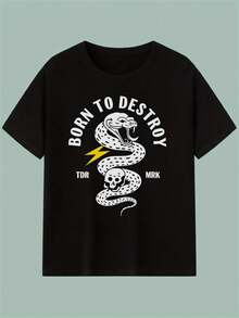 Camiseta ligera unisex con estampado de serpiente y calavera - Camiseta de estilo gótico urbano, con el llamativo eslogan "Born to Destroy", corte holgado, cuello redondo, mangas cortas, suave y transpirable, con estampado amarillo - Atuendo casual diario para hombres y mujeres. - Negro - Ver 1