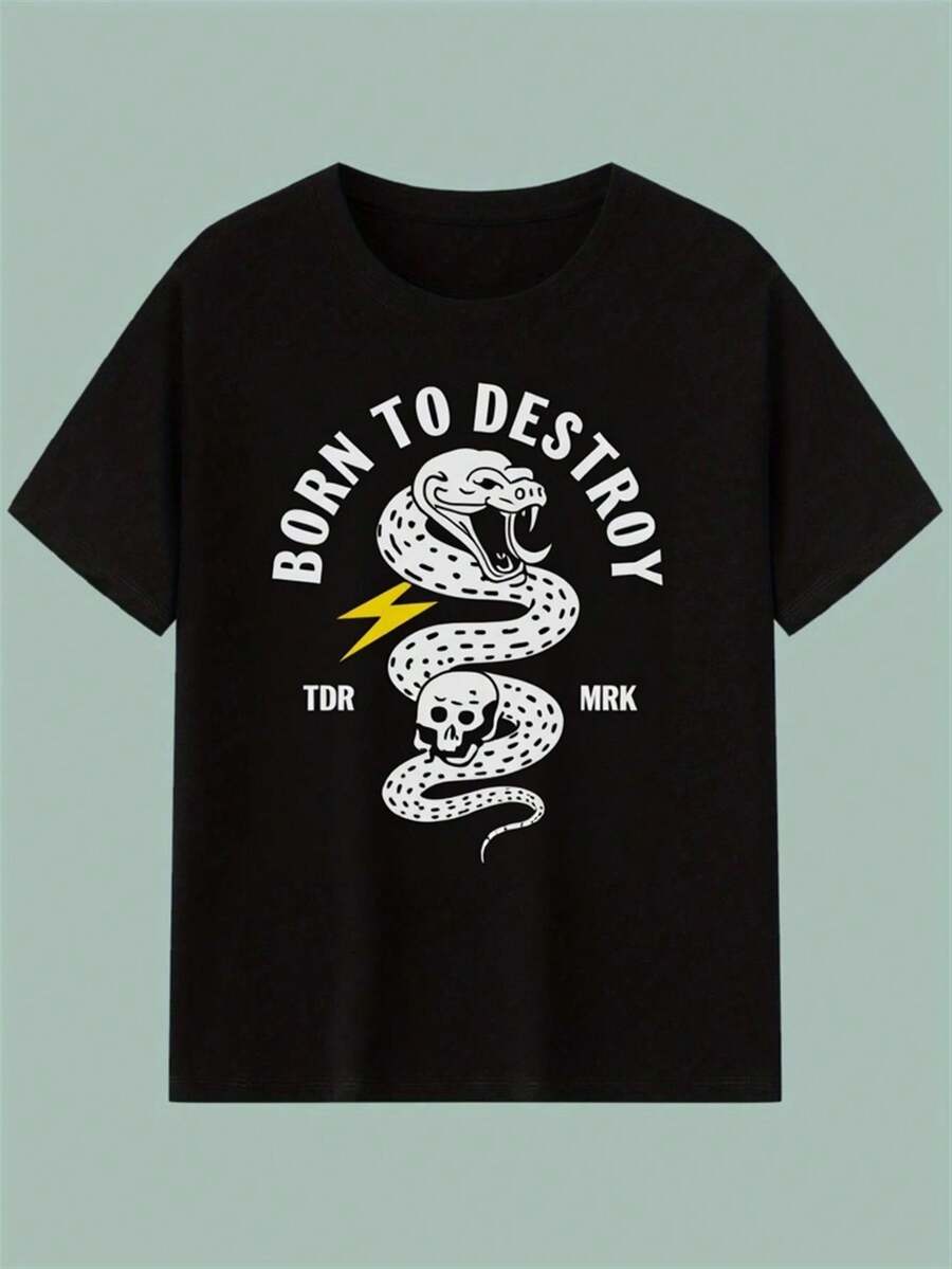 Camiseta ligera unisex con estampado de serpiente y calavera - Camiseta de estilo gótico urbano, con el llamativo eslogan "Born to Destroy", corte holgado, cuello redondo, mangas cortas, suave y transpirable, con estampado amarillo - Atuendo casual diario para hombres y mujeres. - Negro - Ver 1