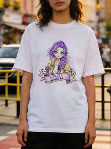 Ropa de verano para mujer, camiseta de algodón suave y casual con cuello redondo, estampado de anime con chica bidimensional, nota musical y la letra RUMI.Suitable for spring, summer and autumn - Blanco - Ver 1