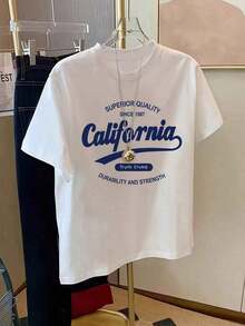 1 Piece Of Cotton English Print Mid-Length Short Sleeve T-Shirt, White, Women's Top, Elegant Graphic Print, 180g, 100% Cotton. - 白色 - 查看 2