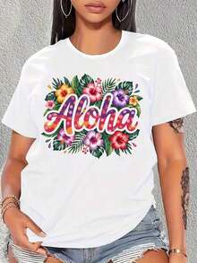 Camiseta con Estampado Floral Aloha para Mujer, Estilo Hawaiano, para Vacaciones de Verano en la Playa, Top Casual de Manga Corta con Diseño de Flores Tropicales, Camiseta para Mujer - Blanco - Ver 1