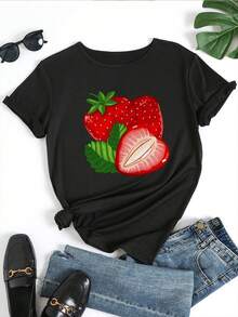 Camiseta Vintage Vintage Vintage para Mujer con Estampado de Fresas y Flores - Top Casual de Manga Corta con Cuello Redondo, lavable a máquina y suave, ropa casual de moda para primavera y verano, un regalo ideal para ella, diseño divertido, corte holgado, camiseta llamativa para uso diario. - Negro - Ver 3
