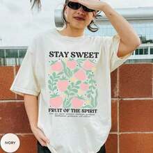 100% Cotton Boho Christian Style T-Shirt With Strawberry Print, Fruits Of The Spirit, Bible Verse, Jesus Clothing, Cottagecore Style, Floral Graphic T-Shirt - 白色 - 查看 7
