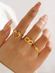 3pcs/Set Stainless Steel 18K Gold Plated Personalized Geometric Heart Rings Set, Suitable For Women's Daily And Party Wear High-End Jewelry - Yellow Gold - View 6