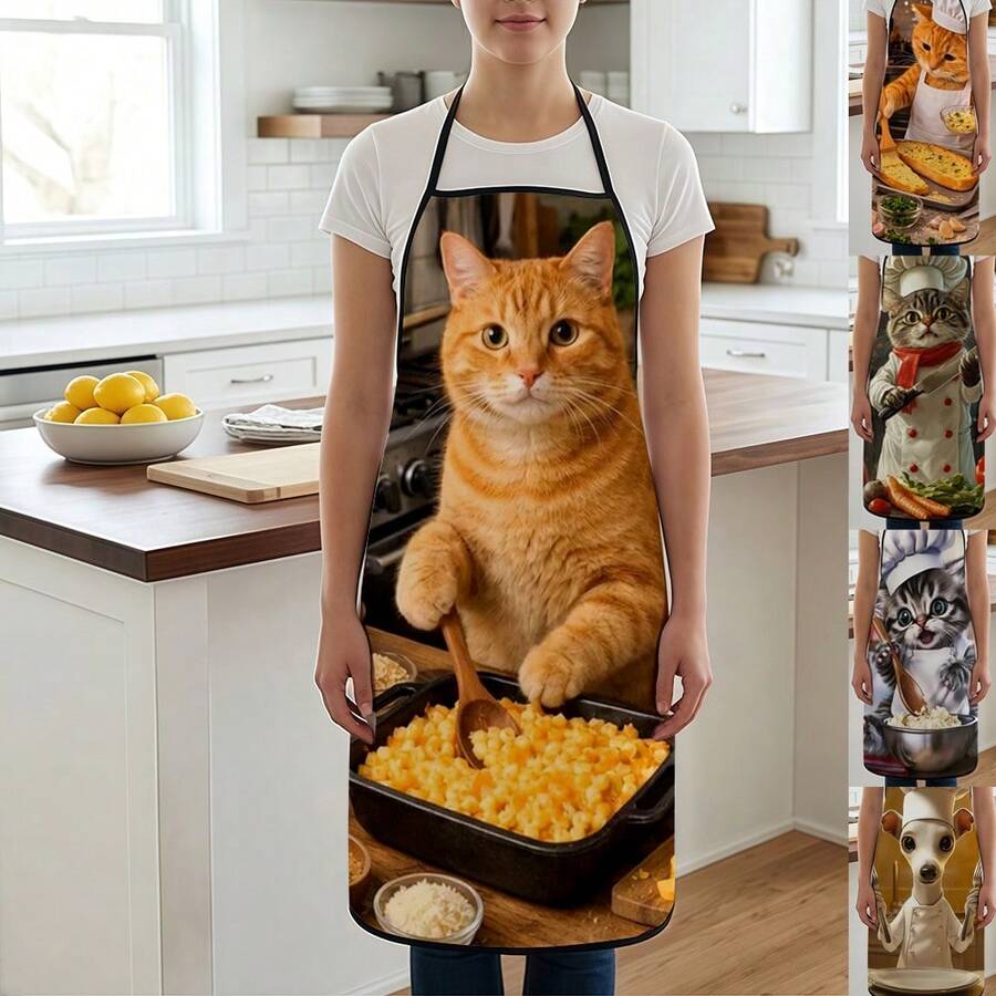 1pc, Cute Cat Chef Polyester Apron With Sunflower Pattern, Suitable For Cooking, Baking, And Gardening - Can Be Used As Attire For The Kitchen And Dining - Multicolor - View 1