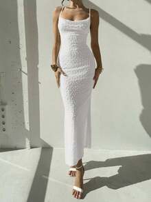 Elegante vestido largo ajustado con escote drapeado de tirantes tipo espagueti, con detalle de pliegues y abertura, de color azul, ideal para citas, bodas, primavera/verano - Blanco - Ver 4