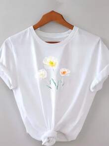 Camiseta Blanca con Estampado Floral para Mujer - Blusa Suave de Uso Diario con Corte Holgado, Lavable a Máquina para Ropa Urbana, Fiestas, Atuendos Cotidianos - Ropa de Mujer Primavera/Verano, Vestimenta de Fiesta, Diseño, Material Cómodo, Camiseta de Manga Corta, para Amantes de la Moda - Blanco - Ver 7