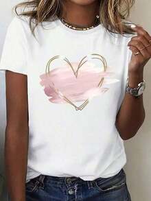 Elegant Summer T-Shirt, Pink Heart Print, Round Neck, Short Sleeves, Casual Loose Fit. - 白色 - 查看 3