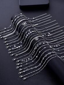 Set de 5 piezas de tobillera con colgante geométrico multielemental de metal, perla falsa y circonia cúbica microincrustada (la cantidad de cadena puede variar aleatoriamente) - Plateado - Ver 1