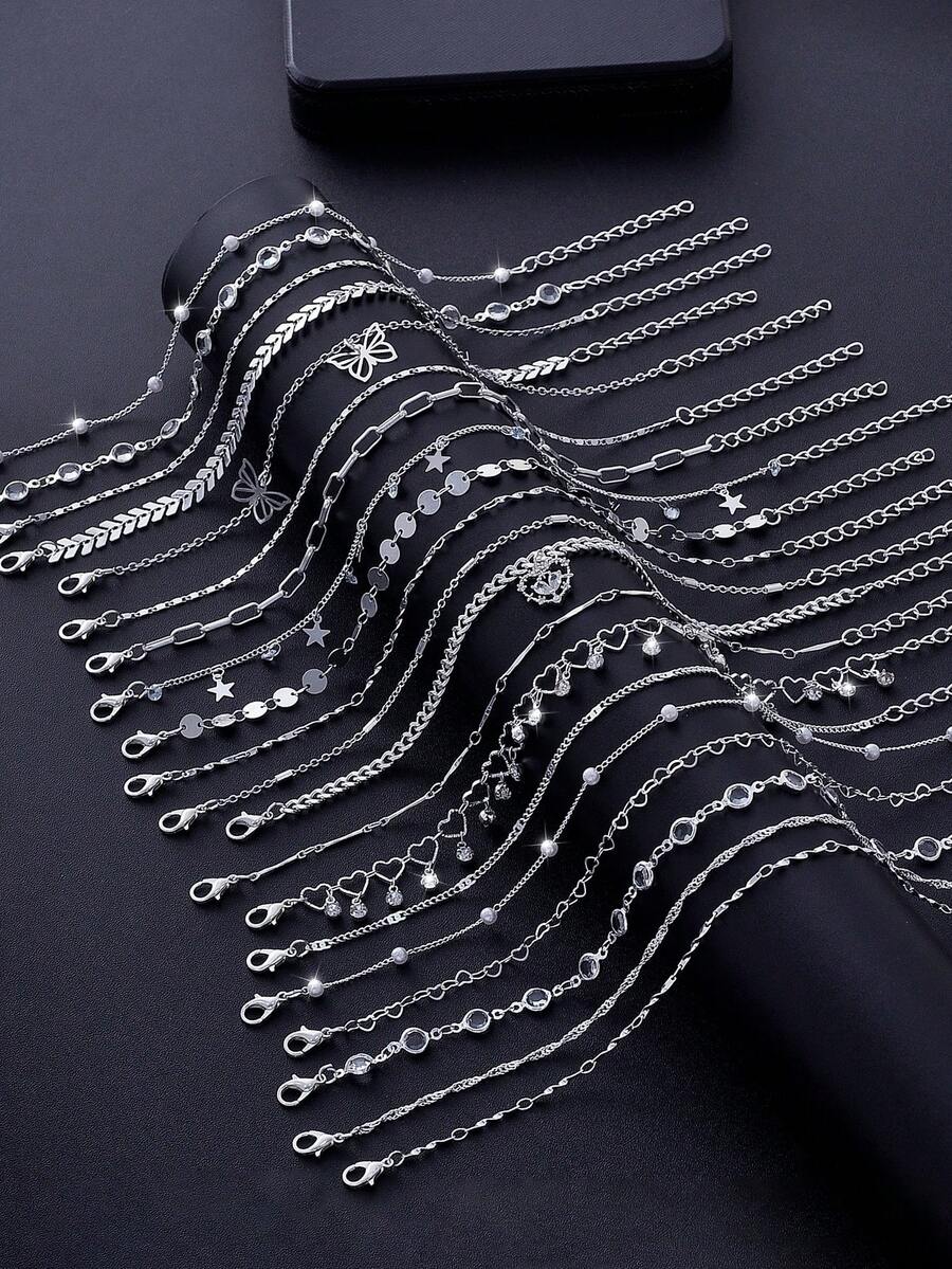 Set de 5 piezas de tobillera con colgante geométrico multielemental de metal, perla falsa y circonia cúbica microincrustada (la cantidad de cadena puede variar aleatoriamente) - Plateado - Ver 1