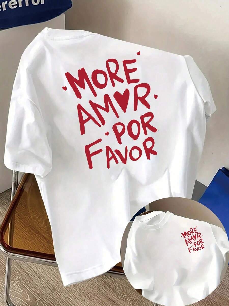 Short-Sleeved T-Shirt With Front And Back Print - More Love, Please Love The Print - Women's T-Shirt With A Modern Print For Spring/Summer, A Fashionable Item. Elegant Party Outfit, T-Shirt For Elegant Ladies, Blouses Suitable For Curvy Women, Prom Skirts, Casual Wear - 白色 - 查看 1
