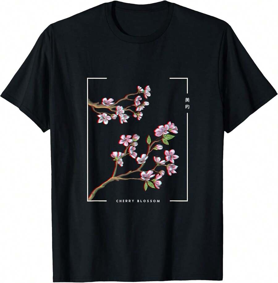 Nuevas camisetas 2026Japanese Aesthetic Vaporwave Cherry Blossom Glitch Art Inspired Graphic T‑Shirt, Size Small,Ideal como regalo de San Valentín, apto tanto para hombres como para mujeres, camisetas conmemorativas, artículos de San Valentín, productos de anime japonés y camisetas con diseños de anime populares. - Negro - Ver 1