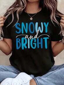 Women's Casual Round Neck T-Shirt With Snowy And Sparkling Print, Short Sleeve, Casual Winter Vacation Top, Modern And Elegant T-Shirt - 黑色 - 查看 1