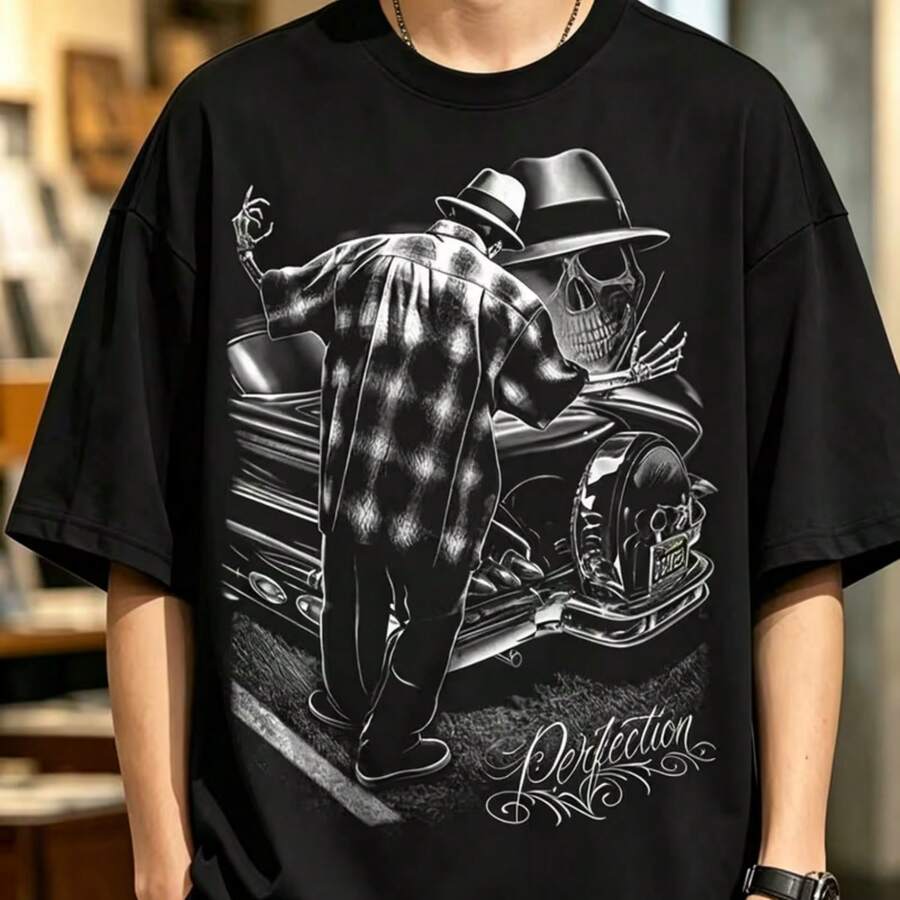 Camiseta estampada, tejida en algodón puro, con diseño de cuello redondo, estilo unisex, camisa creativa y moderna, ideal para primavera y otoño, holgada y cómoda para hombres y mujeres. - Negro - Ver 1