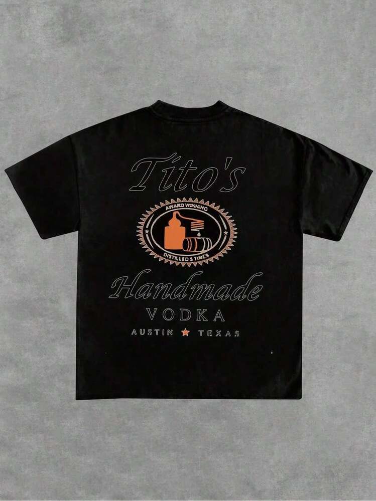 Black T-Shirt Inspired By The "Tito's Handmade Vodka" Brand - Featuring "Tito's Handmade Vodka" Typography And Logo On The Front And Back! 100% Cotton 220g T-Shirt With Double-Sided Print | Exquisite Design | Loose And Comfortable | Easy To Match | - màu đen - Xem 3