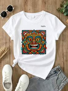 Limited Time Offer, Limited Quantity Available, Flash , Women's Shirts, Women's T-Shirts. Women's Oversized White T-Shirt, Short Sleeve, Round Neck,  Mask Print, Mexican Culture, Casual Style For Everyday Wear - 白色 - 查看 3