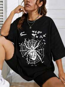 Women's Casual Cotton Summer T-Shirt With Spiderweb Print - Fun Gift For Her, Short Sleeve Crew Neck Casual T-Shirt With Print, Great Gifts For Friends And Family, 100% Cotton T-Shirts, Youthful And Fashionable Design, Casual Blouses For Women - 黑色 - 查看 1