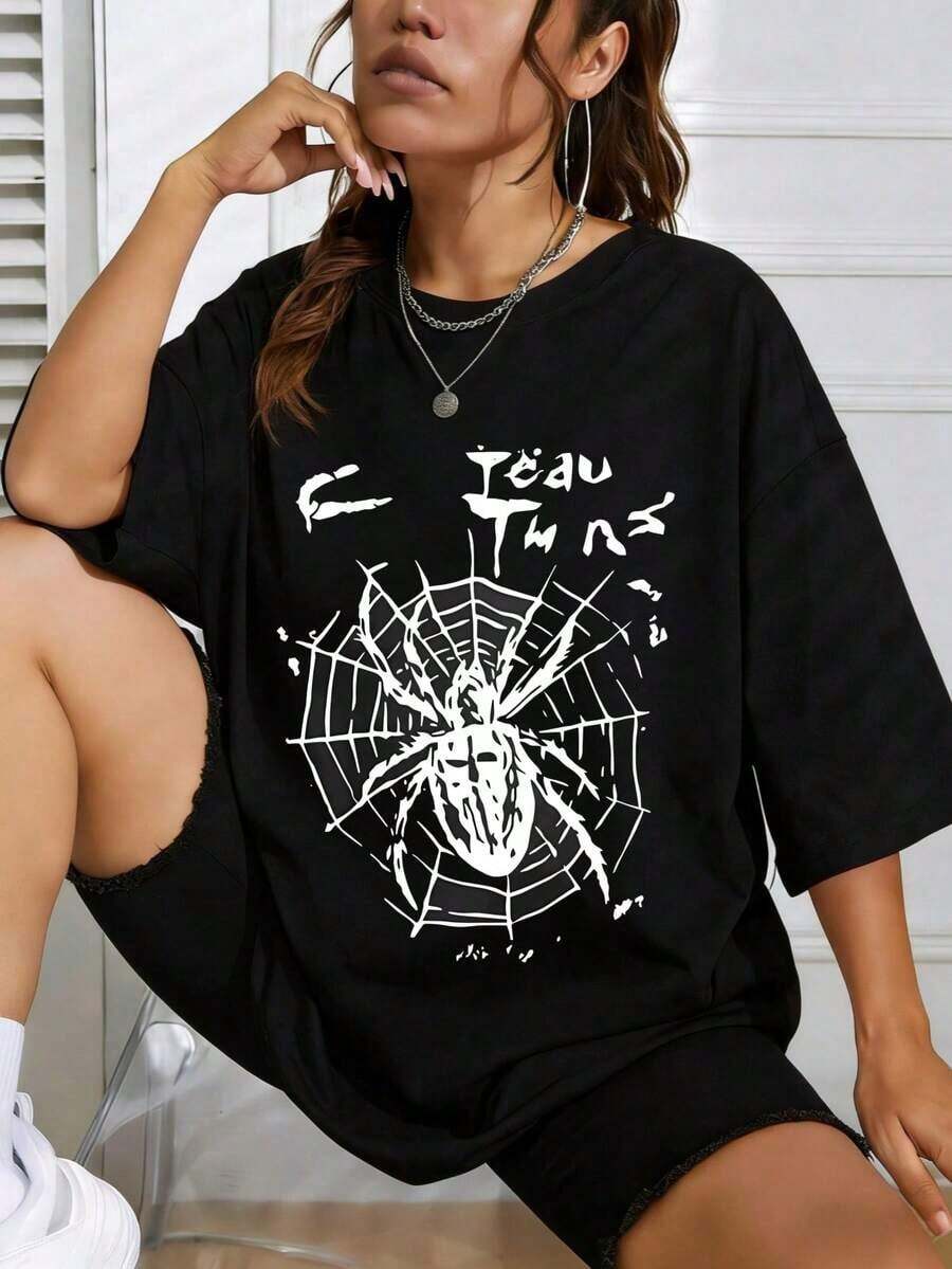 Women's Casual Cotton Summer T-Shirt With Spiderweb Print - Fun Gift For Her, Short Sleeve Crew Neck Casual T-Shirt With Print, Great Gifts For Friends And Family, 100% Cotton T-Shirts, Youthful And Fashionable Design, Casual Blouses For Women - 黑色 - 查看 1