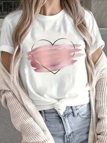 Camiseta Casual de Verano de Manga Corta para Mujer - Estampado de Corazón Dorado Brillante y Rosa, Patrón Geométrico, Tela Suave y Transpirable, Corte Holgado, Top Diario Dulce, Camisetas para Damas, Comodidad para el Día a Día, Diseño Artístico, Ropa Cómoda, Blusa Elegante, Mujer, Moda, Material Ligero, Blusa Estampada, Amantes de la Modablusas para mujer>ropa - Blanco - Ver 2