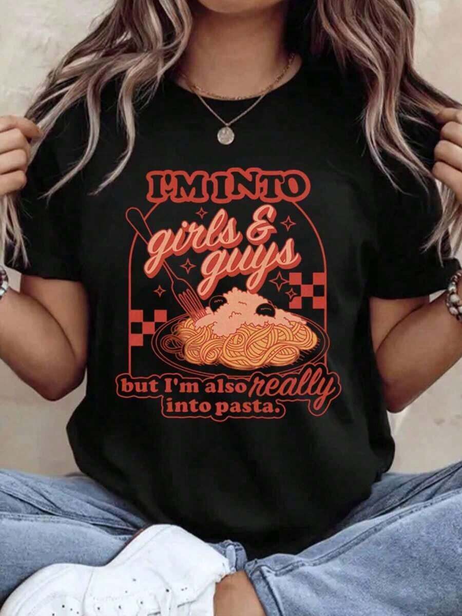 Women's Cotton T-Shirts, Funny Graphic Print T-Shirt For Food Lovers "I Like Girls And Boys, But I Also Love Pasta", For Women And Men, Casual Wear, Gift For Pasta Enthusiasts, Basic Women's Blouses. - 黑色 - 查看 1