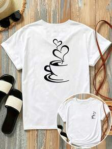 New 180g Short-Sleeved T-Shirt, % Cotton, With Prints On The Front And Back - Coffee Cup, Heart Shape - Fashionable Printed T-Shirt For Women, Short-Sleeved, Suitable For All Seasons, Modern Clothing - Can Be Worn As A Base Layer In Spring And Autumn Or Alone In Summer, Unisex. - 白色 - 查看 7