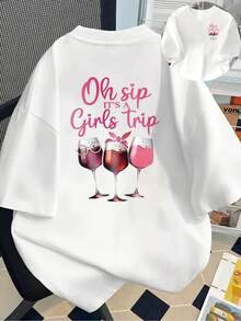 New 180g Heavyweight Short-Sleeved T-Shirt, 100% Cotton, With Prints On The Front And Back - Oh Yep, A Girls' Trip, A Girls' Get-Together - Fashionable Printed T-Shirt For Women, Your Best Choice! - Suitable For Layering In Spring And Autumn, And For Wearing Alone In Summer, Unisex Style. - 白色 - 查看 6