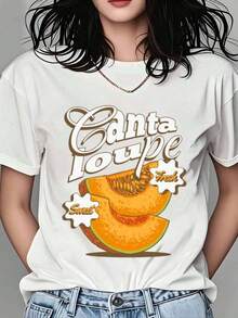 Casual Summer T-Shirt With Sweet And Fresh Melon Print, Casual Summer Clothes, Women's Top, Harvest Season Gift, Modern And Cool Women's Clothing - 白色 - 查看 7