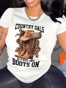 Women's Cotton Crew Neck Casual T-Shirt, Oversized T-Shirt With Country Western Graphic Design For Women - Orange T-Shirt With Cowboy Boot And Country Music Design - Casual T-Shirt For All Seasons And Concerts, Simple T-Shirt For Everyday Wear - 白色 - 查看 1