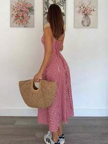Vestido a media pantorrilla con tirantes a cuadros para mujeres, de moda y apropiado para el verano - Rojo y blanco - Ver 4