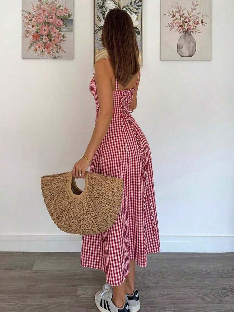 Vestido a media pantorrilla con tirantes a cuadros para mujeres, de moda y apropiado para el verano - Amarillo - Añade 10