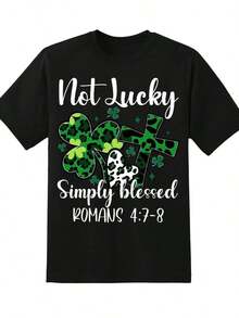 Women's White T-Shirt With Heart, Cross And Shamrock Print, For St. Patrick's Day, Christian Religious Gift, 220g, Casual Daily. - 黑色 - 查看 4