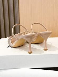 Xin Jing Shoes Giày cao gót nữ thanh lịch, gợi cảm, kiểu nơ buộc cổ, thời trang đa năng, mũi tròn, đính đá, quai lưới, gót trung bình, thích hợp đi làm. - Màu Khaki - Xem 12